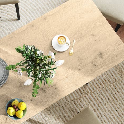 Table à manger extensible (120/160 x 75 cm), pouvant accueillir 6 à 8 personnes  style moderne avec pieds en acier et finition bois naturel. (1/5)