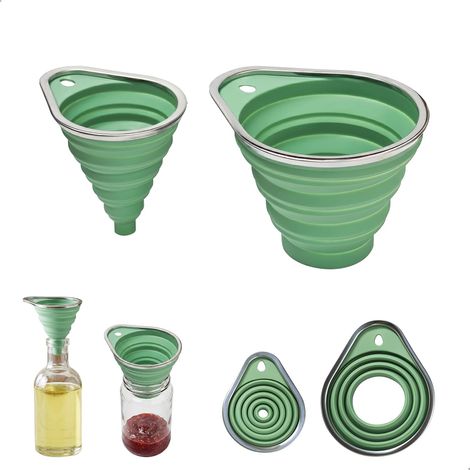 2 Pièces Entonnoir Pliable en Silicone, Entonnoir Cuisine avec Bordure en Inoxydable, Comprend le Grand et Petit, Convient pour le Transfert D'huile, De Bière et de Liquides, Poudre (Vert) (1/5)