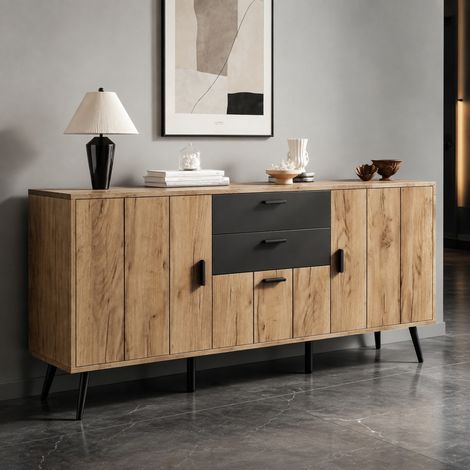 MEUBLIV Credenza contenitore 140x35x67 cm nera e legno – 2 cassetti, 3 ante (1/5)