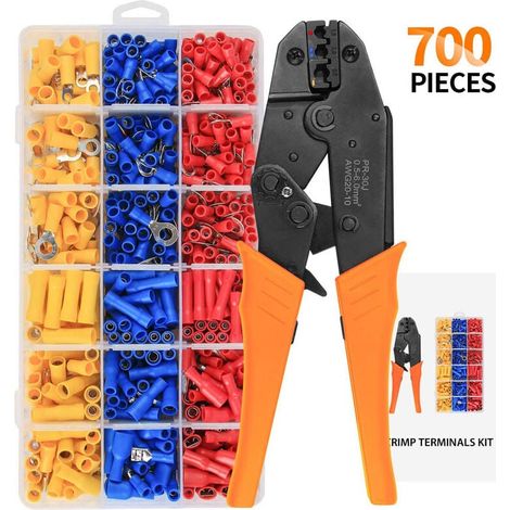 Pince à sertir cosse, Pince à Sertir à Cliquet 0,5-6 mm², Pince à Cosse de Câble, avec 700 Connecteurs à Sertir Isolés (1/4)
