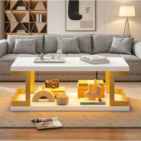 Mesa de centro LED rectangular 100 x 50 x 37,5 cm blanca y dorada MDF metal OKMYHOME (1/5)