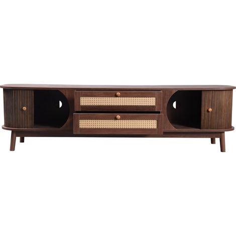 Mobile TV con 2 Ante Scorrevoli e 2 Cassetti in Rattan, Stile Naturale, in MDF, 170×39,5×46 cm, Naturale (1/5)