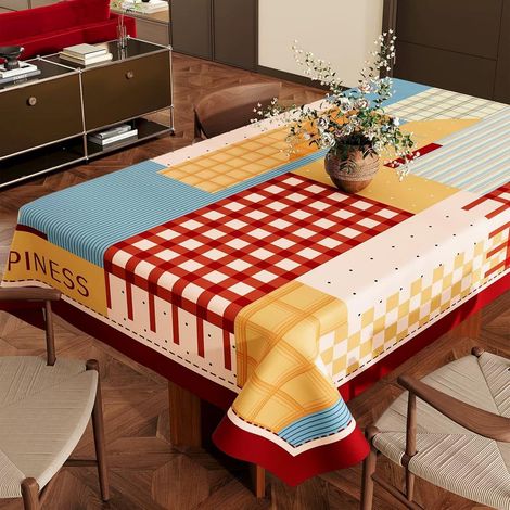 Rectangular Oilcloth Tablecloth, Waterproof Stain Resistant Outdoor Garden Patchwork Style PVC Plastic Table Protector for Dining Room Kitchen (Yellow + Blue, 120x160cm) (1/5)