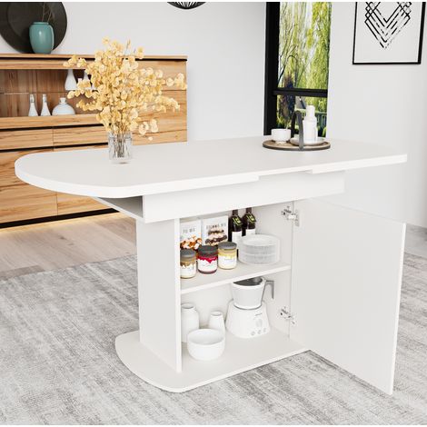 Table à manger extensible ovale en panneaux de particules blanc et doré 110/130x70x75 cm avec rangement (1/5)