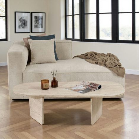 Pier Import – Table basse fixe organique effet travertin – Dimensions 130x65x40cm – MDF mélaminé résistant aux rayures – Pieds obliques modernes (1/5)