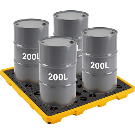 Palette de Rétention pour 4 Fûts, Bac de Rétention avec Caillebotis et Drain, Plateforme de Déversement en PEHD à Profil Bas, Capacité 117,4 L, Charge Maximale 4000 kg, 1305x1280x150 mm, Jaune