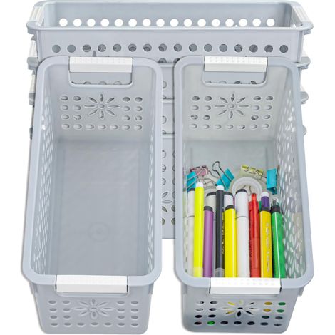 Lot de 6 boîtes de rangement en plastique avec poignée, paniers de rangement avec trou, panier de rangement ouvert pour la maison, la cuisine, le bureau, gris, 29 x 13,5 x 12,5 cm (1/5)