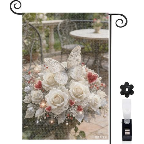 Drapeau de jardin décoratif 30 x 45 cm motif papillon et roses design raffiné toile double face (1/5)