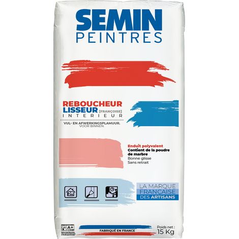 Semin – Enduit de rebouchage et lissage – Sac 15 kg – Granulométrie fine – Adhérence conforme à NFT 30 608 – Pour tous types de supports intérieurs