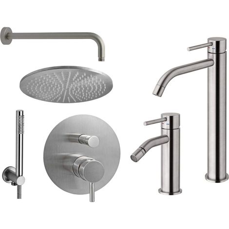 Set mit hoher Waschtischarmatur, Bidet und Duschset in Stahloptik Paffoni Light KITLIG7ST