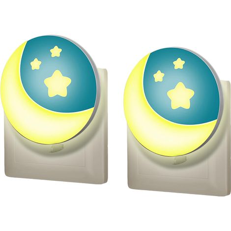 Veilleuse Bébé Prise Électrique, Capteur Crépusculaire pour Maternité Lot de 2, Automatique, Rond, Lune et Étoiles, 3000K, Lampe de Chevet Murale, Chambre de Enfant (1/5)