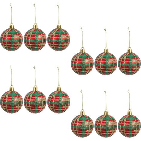 Boules Décoratives 6 Cm Lot de 12 à Motif Écossais en Plastique Rouge et Vert Boules Suspendues de pour Décoration Festive (1/5)