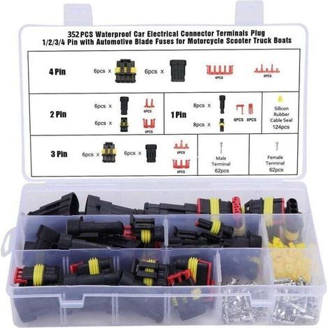 352 Pcs Connecteurs de Fil Imperméables, 1/2/3/4 Broches avec Fusibles pour Voiture, Moto et Bateau (1/4)