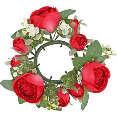 Couronne artificielle de roses et de verdure, porte-bougie pilier décoratif pour porte ou centre de table de salon-Bright Red (1/5)