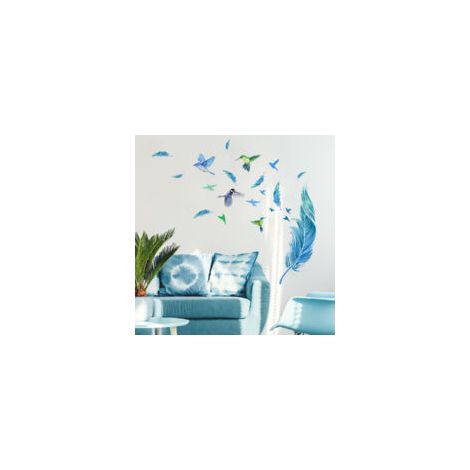 Wandtattoos mit blauen Federn, Kolibri-Wandaufkleber für Wohnzimmer, Schlafzimmer und Esszimmer – Crezuo