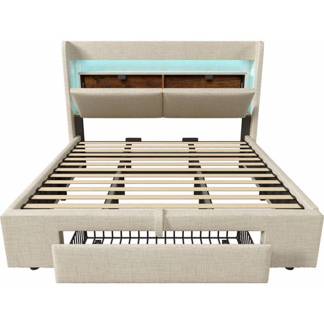 Lit coffre 180x200 cm beige avec LED, USB-C et tête de lit rangement