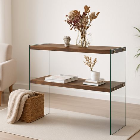 Dmora - Consola Dacell, Mesa multiusos, Gabinete de soporte, Escritorio de pasillo, 90x30h80 cm, Nuez (1/5)