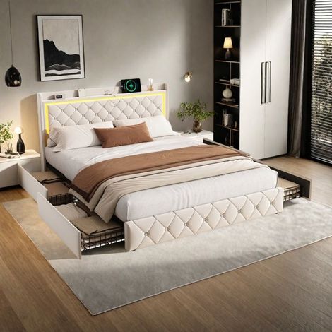 Lit double 160x200 cm avec LED, Lit 160x200 cm en velours avec 4 tiroirs, Sommier, Lit adulte, Lit capitonné, 2 personnes, Beige (1/5)