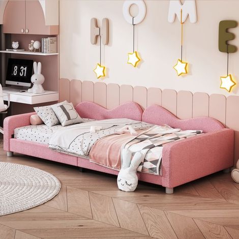 Lit gigogne enfant 90 x 200 cm avec dossier et accoudoirs, Lit rembourré cadre de lit simple en tissu teddy multifonctionnel, rose (1/5)