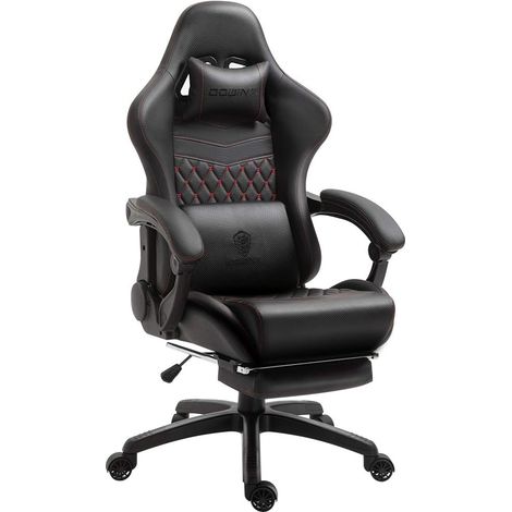 Dowinx Luxus Ergonomischer Gaming Stuhl, PU-Leder, Massage-Lendenstütze, Fußstütze, 170° Neigung, 200kg Belastbar, Schwarz