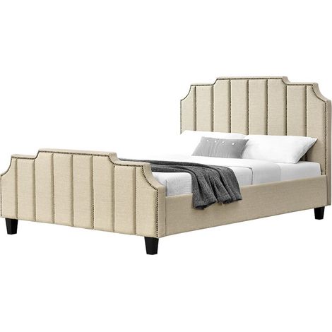 MEUBLER DESIGN Lit Double En Tissu Design Tête Lit + Sommier Manchester - Beige - 140x190, Tissu, Style Art déco, 203 x 146 x 110 cm (1/5)
