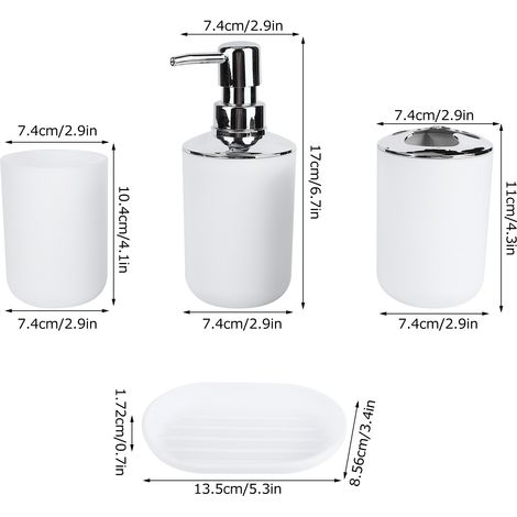 4 Pièces Kit Salle de Bain Accessoires, Bouteille de Lotion Plastique, Récipient de Rangement, Goblet de Rincage, Porte-Savon Blanc