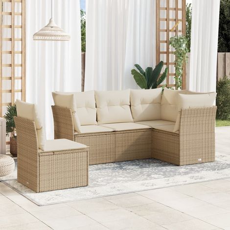 Ensemble de canapé de jardin 5 pièces avec coussins, en polyrotin beige (1/3)