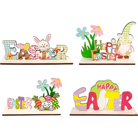 (4-teiliges Set) Osterdekoration aus Holz, 4-teilig, 3D-Osterei mit Hase (Osterhase + blumenverzierter Wichtelbuchstabe + blumenverzierter Hasenschwanzbuchstabe + Schriftzug „Frohe Ostern“) (1/2)