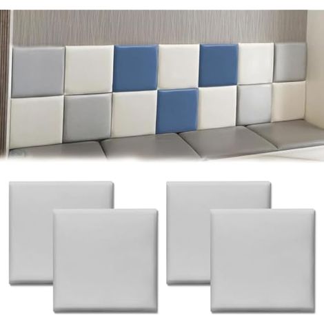 Lot de 4 panneaux muraux 3D autocollants - Rembourrage mural - En polyuréthane imperméable - Pour chambre d'enfant - Rembourré - Anti-collision - Tête de lit - Gris - 30 x 30 cm (1/5)