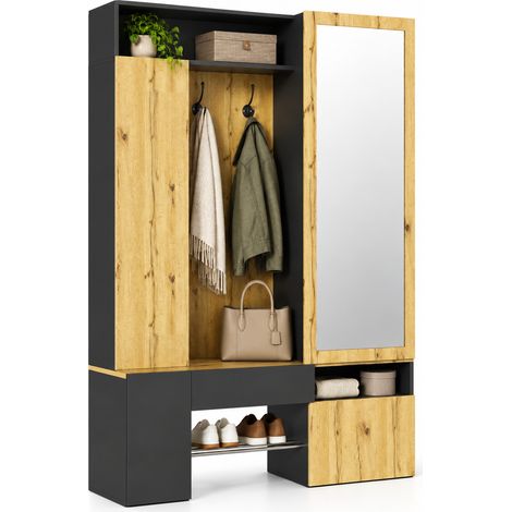 FurnitureR Meuble à chaussures entrée avec miroir MDF noir et penderie avec tringle (1/5)