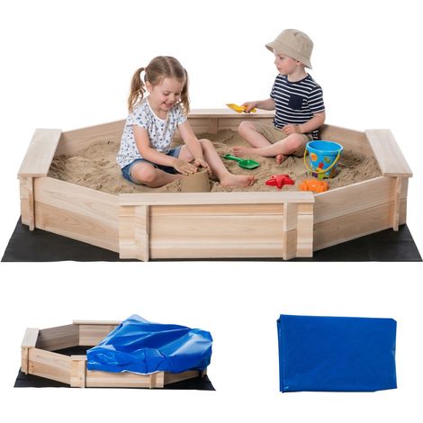 Bac à sable pour enfants avec sièges et couvercle, 3-8 ans, 139,5 x 139,5 x 21,5 cm, couleur bois (1/5)