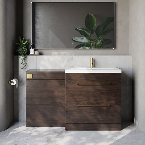Napoli 390 Cento Brown Oak 1400mm 2 Drawer Vanity Unit Toilet Suite with Glide Basin - 1400mm - Brushed Brass 480mm HandleWithout Kingston Toilet Pan