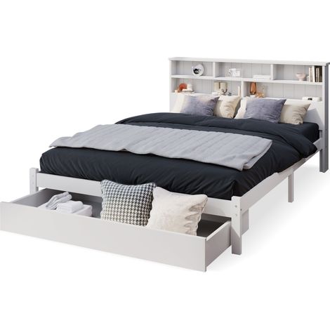 Cama con Cajones 140 x 200 cm de Madera Maciza, Cama Doble con 2 Cajones y 6 Compartimentos, sin Colchón, Blanco (1/5)