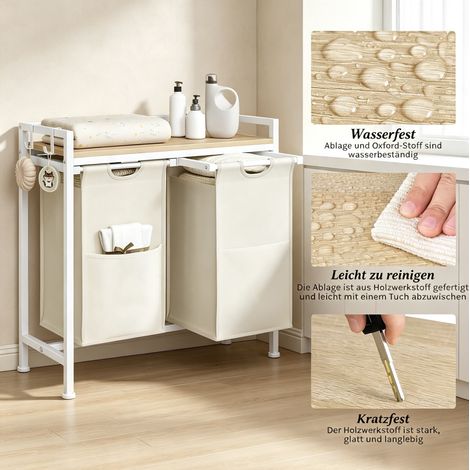 Meuble à linge 70x30x71 cm métal et bois blanc/chêne clair, 2 sacs gain de place – MEUBLIV (1/5)