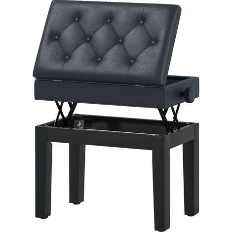 HOMCOM Höhenverstellbarer Klavierhocker, schwarze Massivholzbank mit Staufach, gepolsterter Sitz aus Polyurethan, 10 Knöpfe, rutschfest, stabil, Tragfähigkeit 200 kg.