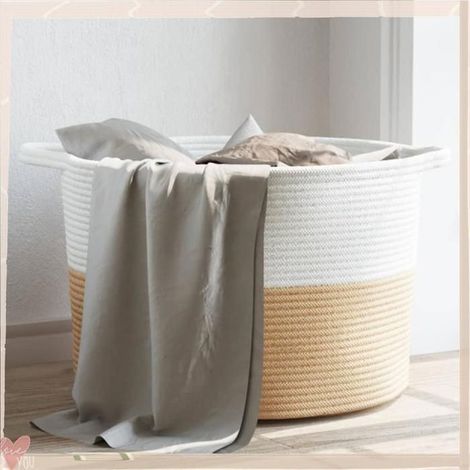 358471 Panier à linge beige et blanc 55x36 cm coton (1/5)