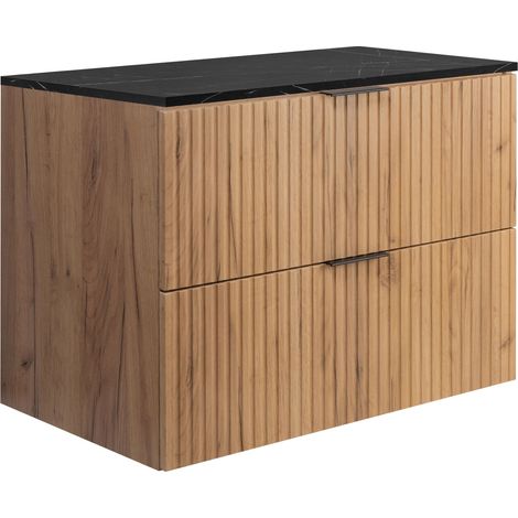 Meuble de salle de bain suspendu, chêne Craft / plateau en marbre noir (MDF), 80 x 57 x 46 cm (1/5)