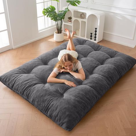 Matelas Futon 2 Places Épais 15CM Garnissage en Mousse Déchiquetée, Tissu Chenille avec Boutonné Design, Enroulable Matelas de Sol/Futon Pliable Pratique (Cadre Non Inclus) (1/5)