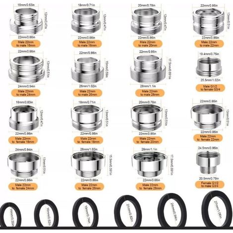 16 Pièces Adaptateur Robinet Kit, Livré avec 30 Entretoises, Connecteur d’Aérateur et Adaptateur pour Robinet, Connecteur Aérateur de Robinet pour Tuyau D'arrosage, Pulvérisateurs D'évier (1/4)