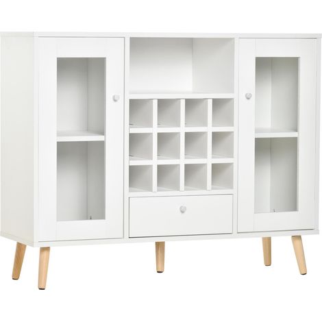 Buffet de cuisine avec porte-bouteilles, tiroir, étagère ouverte et 2 placards à portes vitrées 100 x 33 x 80 cm Blanc (1/5)