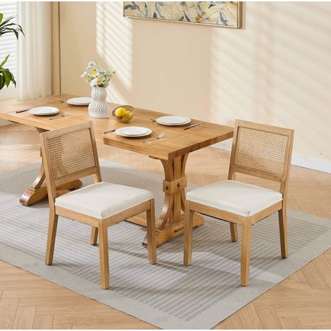 MEUBLIV 2er-Set Esszimmerstühle Beige – Geflecht-Rückenlehne, Holzgestell (1/5)
