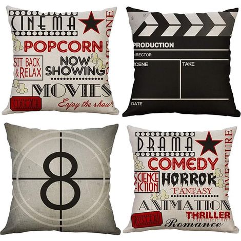 Pillow Case, Set of 4 Cotton and Linen Printed Retro Movie Square Cushion Cover for Bed Car Home Sofa 45 x 45 cm (1/5)