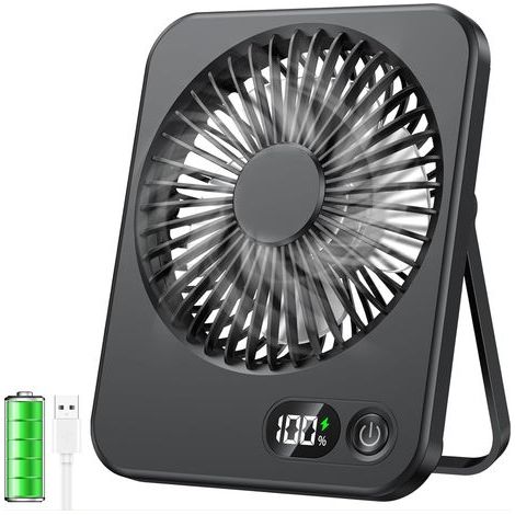 Mini-USB-Tischventilator, kleiner wiederaufladbarer Tischventilator mit LCD-Bildschirm, 1000-mAh-Akku, leise, 5 Geschwindigkeitsstufen für Büro, Zuhause, Camping (Schwarz) (1/5)