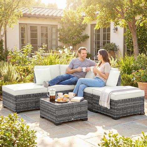 Conjunto de muebles de jardín de ratán y acero de 6 piezas con sofá, mesa de centro y cojines, color gris. (1/5)