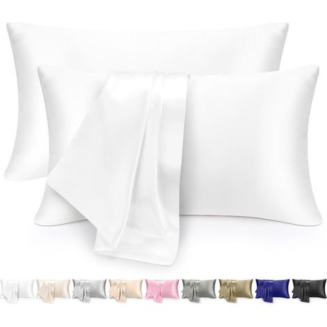 Lot de 2 Taie d'oreiller Satin 51x76cm, Fermeture Éclair, Douceur Soie, Protection Cheveux Peau, Blanc (1/5)