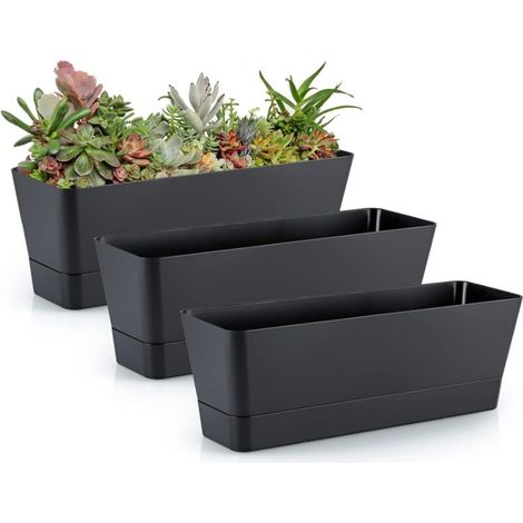 Skelang Lot de 3 pots de fleurs rectangulaires avec trous de drainage, pour baie vitrée, rebord de fenêtre de cuisine, étagère, table basse (noir)