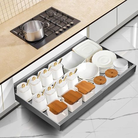 Organisateur de Placard Extensible et Ajustable, Tiroir Télescopique de Cuisine avec Adhésif, Organisateur de Tiroir de Rangement pour Cuisine/Salle de Bain (Gris Titane, Largeur 31-52 cm (1/5)