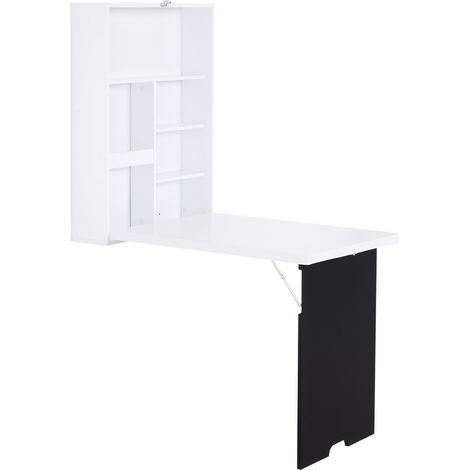 Folding Wall-Mounted Drop-Leaf Table, Convertible Wall Table With Chalkboard and Storage Shelf, Multifunctional Floating Desk for Home Office, White (1/4)