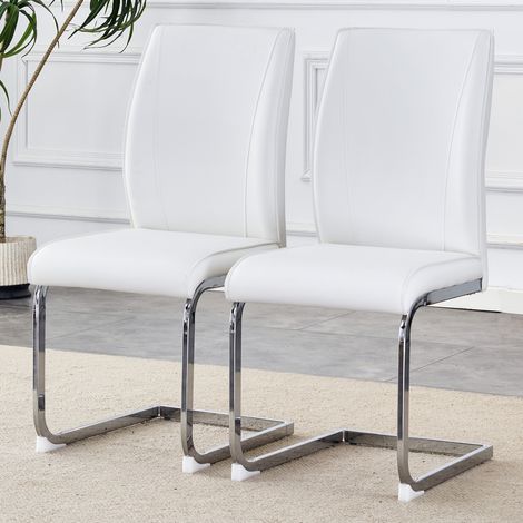 Esszimmerstuhl, ergonomische Rückenlehne, komfortables Sitzkissen, PU Leder, silbernes Metallgestell, weiß (1/5)