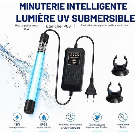 UV Sterilizer Lamp for Aquarium 11W 220-240V Waterproof UV Sterilizer with Timer for Cleaning Aquariums, Pools, Fish Bowl (1/4)